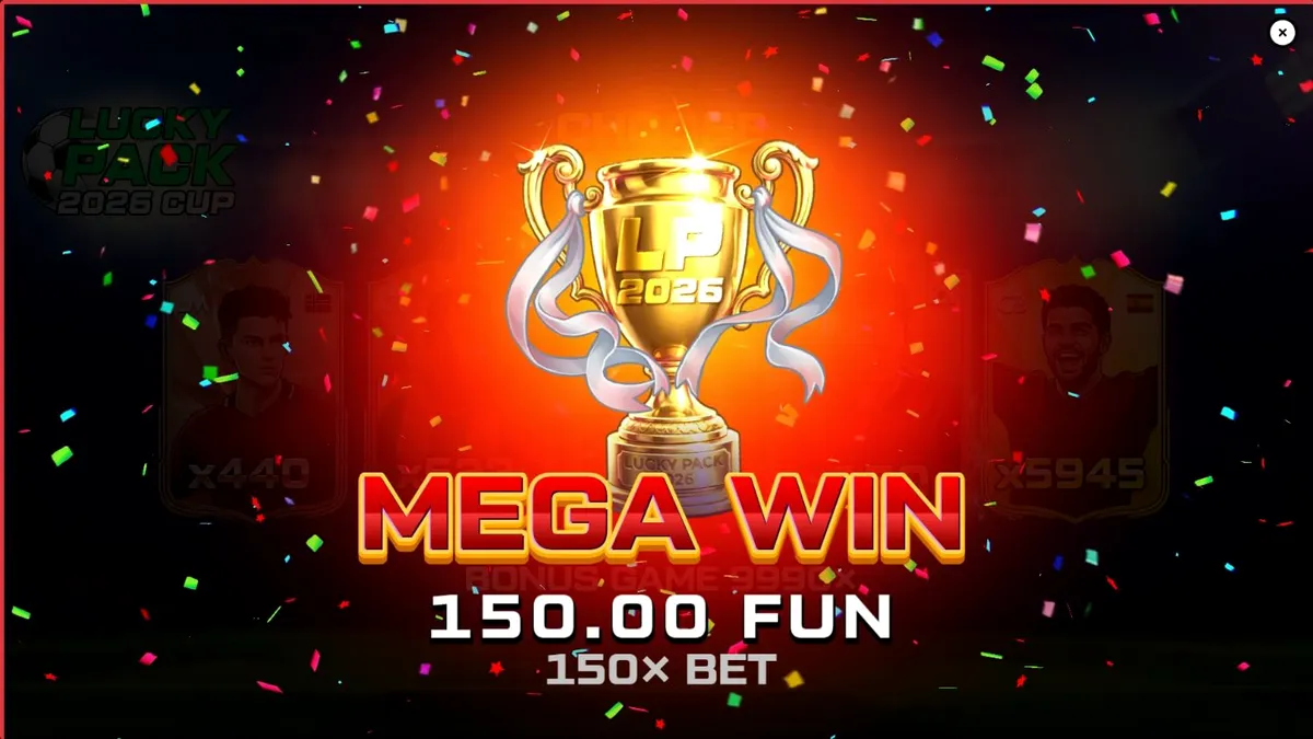Interface do jogo Lucky Pack 2026 Cup com elementos de futebol e estádio