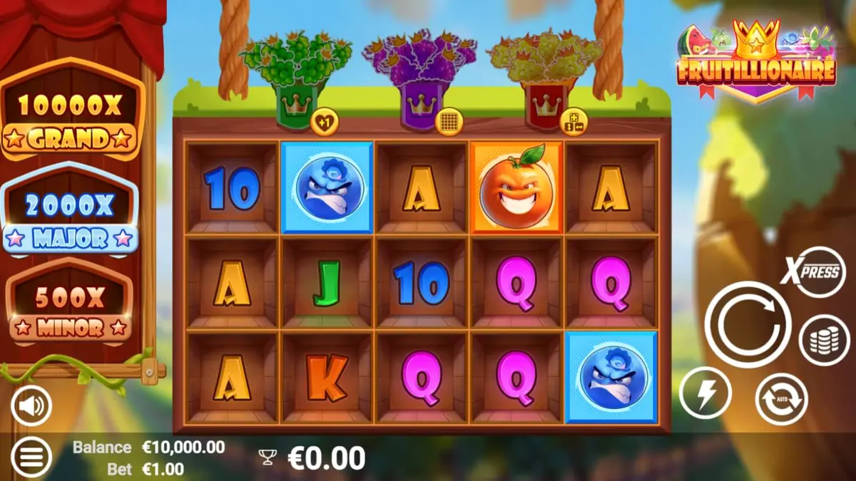 Personagens de frutas antropomórficas em um reino opulento no slot Fruitillionaire