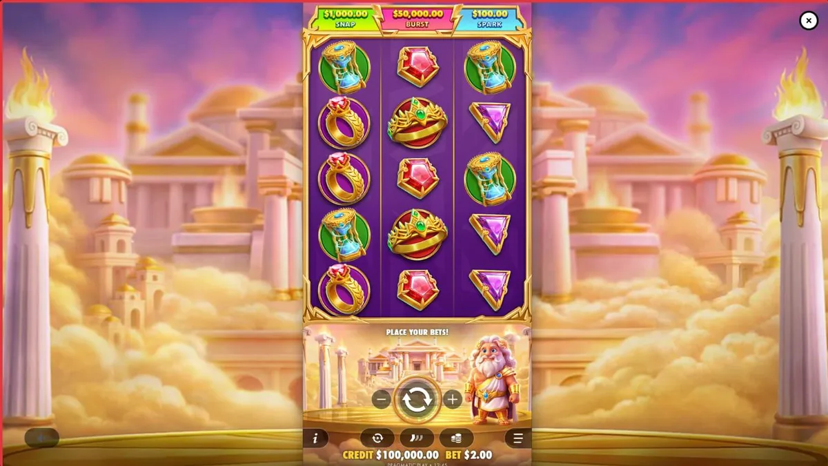 Interface do jogo Gates of Olympus POP com Zeus e símbolos dourados