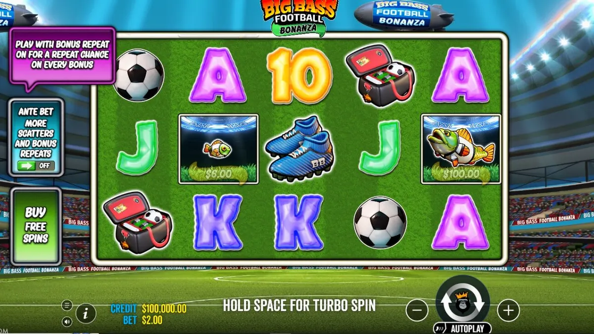 Big Bass Football Bonanza slot grid com tema de futebol e pesca
